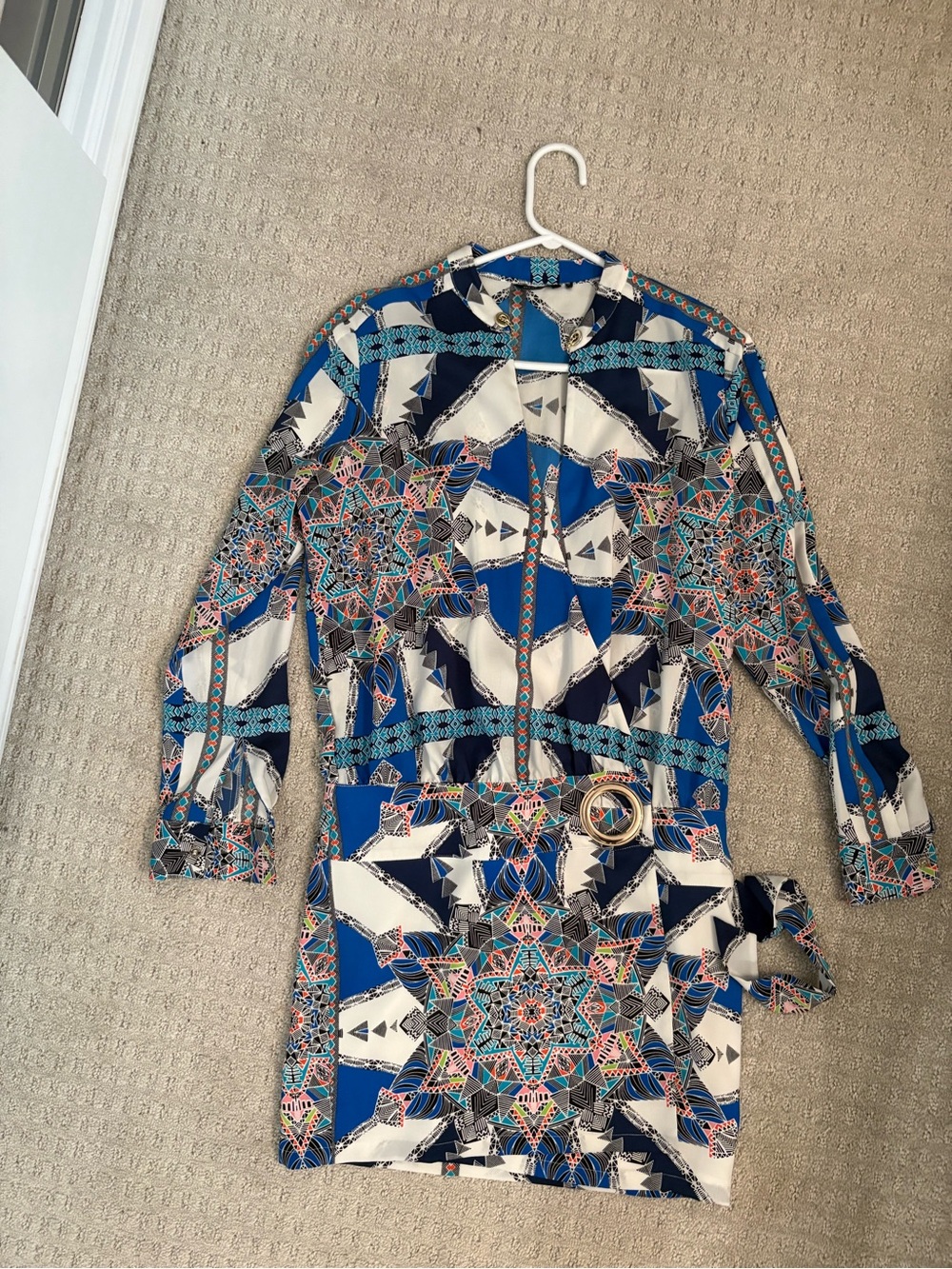 Marciano Blue White Navy Geometric Long Sleeve Dress